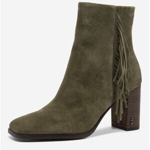 Sam Edelman Ona Olive Green Suede Fringe Square Toe Bootie Size 6.5
